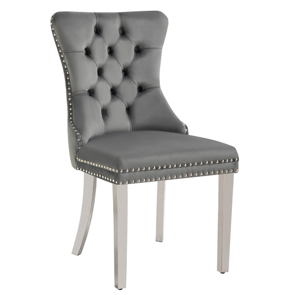 Alsea Velvet & Polished Steel Dining Chairs Upholstered Tufted Stud Trim and Ring Set of 2 - 2 Colours Available