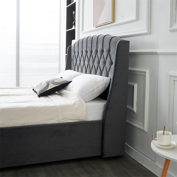 PRE ORDER Paris Tall Tufted Velvet Dark Grey Bed with Storage Drawer
