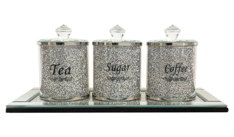 Crystal Sugar, Coffee, Tea Canister with Mirrored Tray