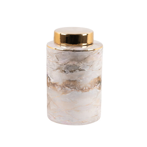 White / Gold Lid Marble Look Ceramic Ginger Jar Urn - 2 Sizes Available