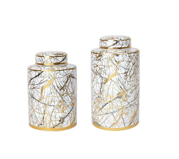 Ceramic Gold / White Ginger Jar Urn Canister - 2 Sizes Available