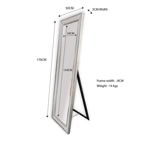 Silver Beaded Framed Mirror - Free Standing 50cm x 170cm