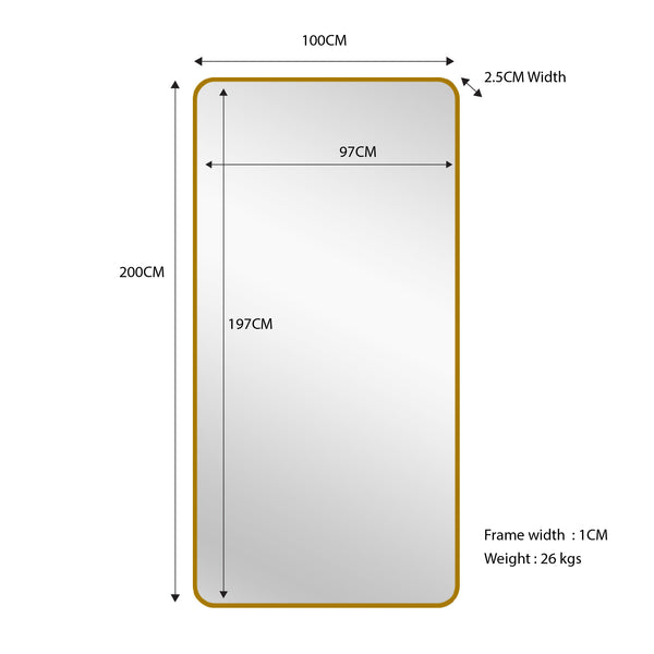 Gold Metal Rectanlge Mirror  - X Large 100cm x 200cm