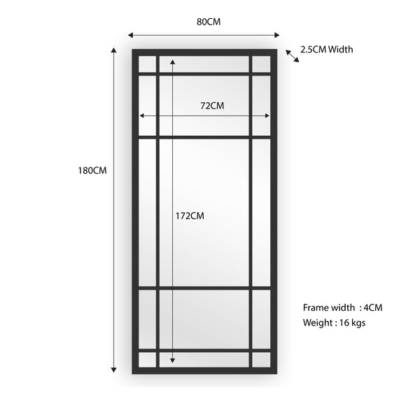 CLEARANCE - Window Style Mirror Full Length - Black 80 CM x 180 CM